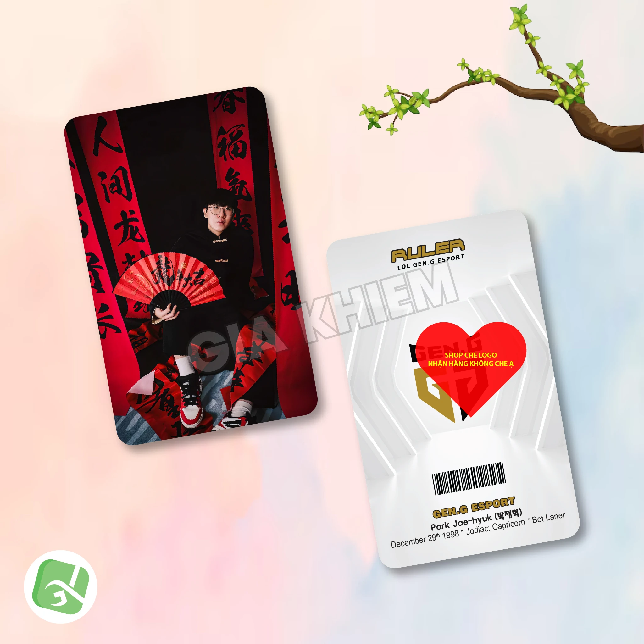 Photocard GENG Gen.G với Kiin, Canyon, Chovy, Ruler và Duro. Hình ảnh sắc nét, nhiều chất liệu giấy, phù hợp sưu tầm, decor góc gaming và làm quà fan LCK.