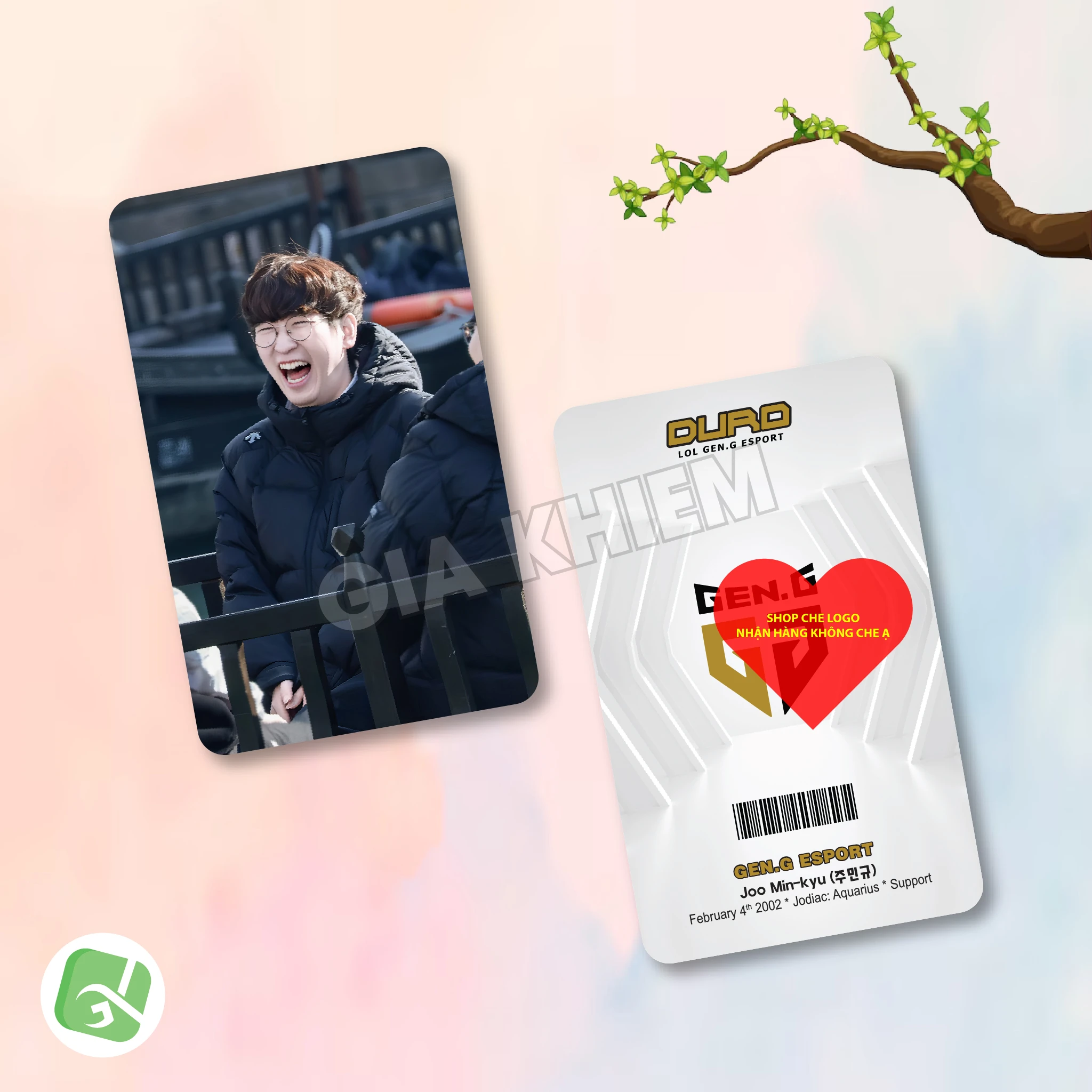 Photocard GENG Gen.G với Kiin, Canyon, Chovy, Ruler và Duro. Hình ảnh sắc nét, nhiều chất liệu giấy, phù hợp sưu tầm, decor góc gaming và làm quà fan LCK.