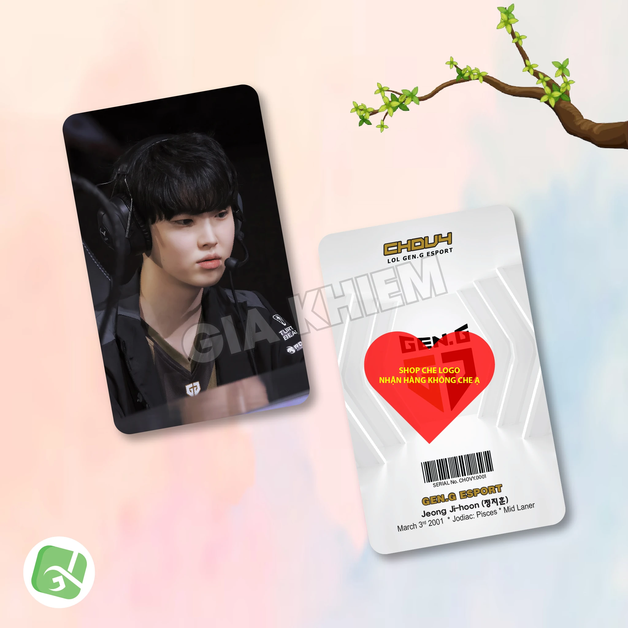 Photocard GENG Gen.G với Kiin, Canyon, Chovy, Ruler và Duro. Hình ảnh sắc nét, nhiều chất liệu giấy, phù hợp sưu tầm, decor góc gaming và làm quà fan LCK.