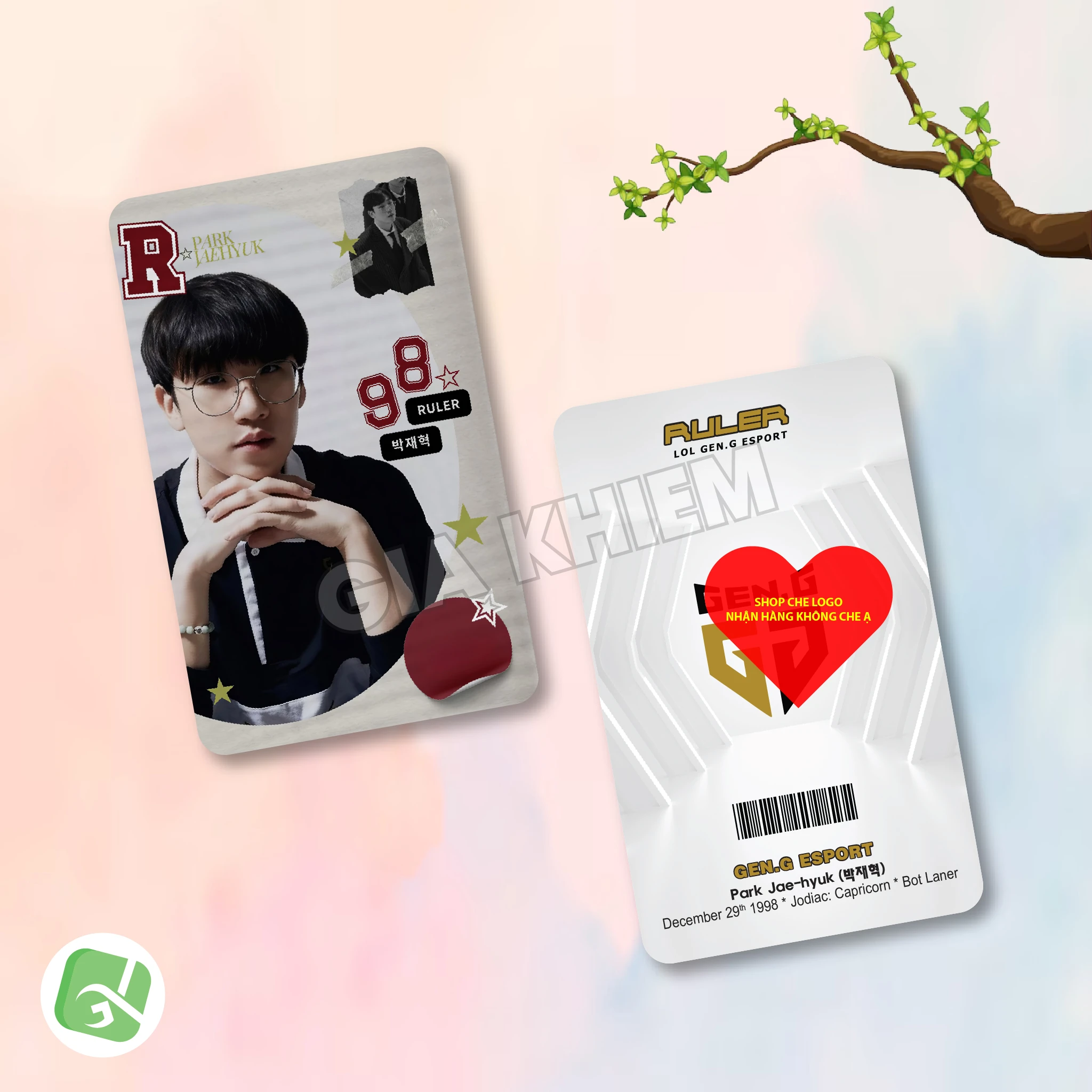 Photocard GENG Gen.G với Kiin, Canyon, Chovy, Ruler và Duro. Hình ảnh sắc nét, nhiều chất liệu giấy, phù hợp sưu tầm, decor góc gaming và làm quà fan LCK.