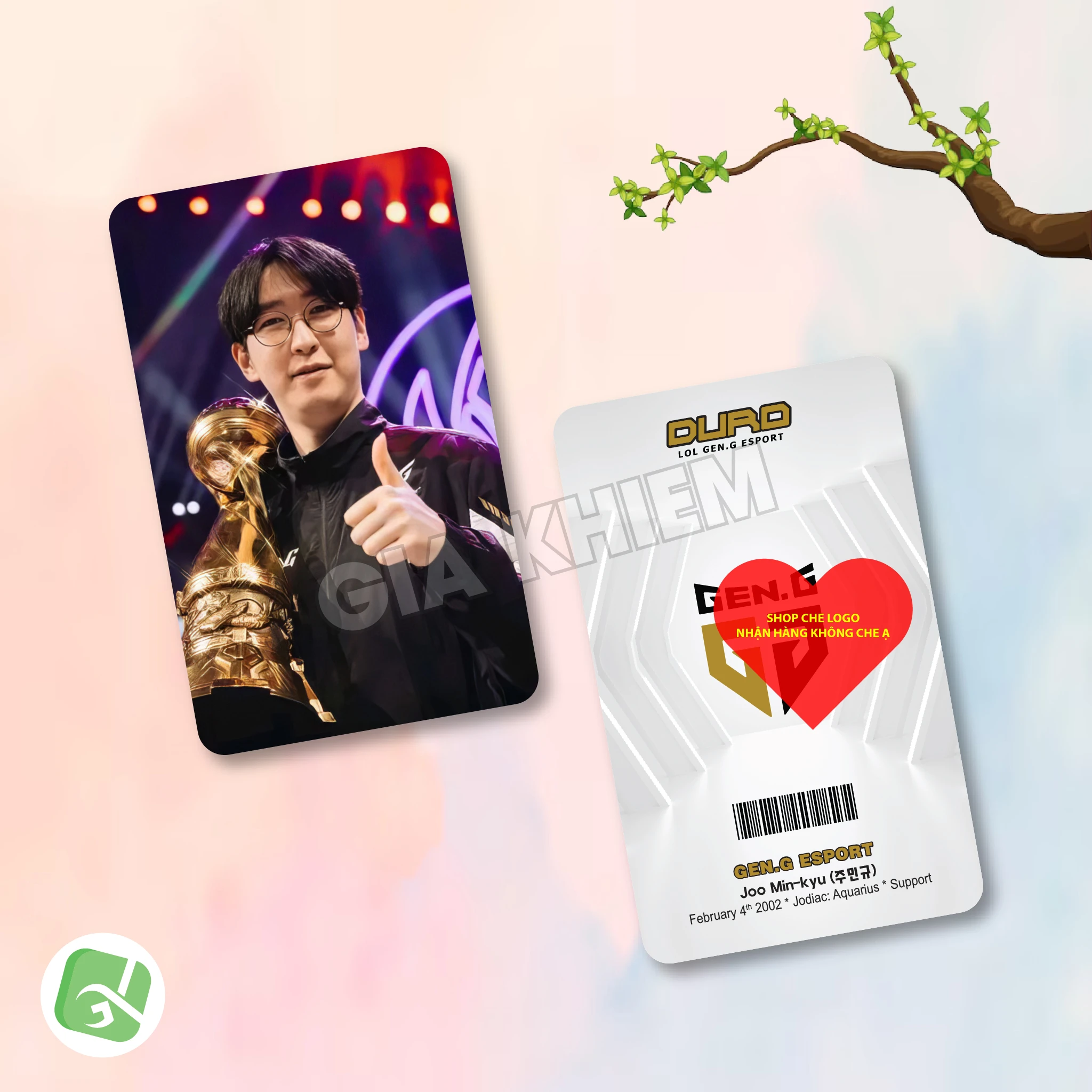 Photocard GENG Gen.G với Kiin, Canyon, Chovy, Ruler và Duro. Hình ảnh sắc nét, nhiều chất liệu giấy, phù hợp sưu tầm, decor góc gaming và làm quà fan LCK.