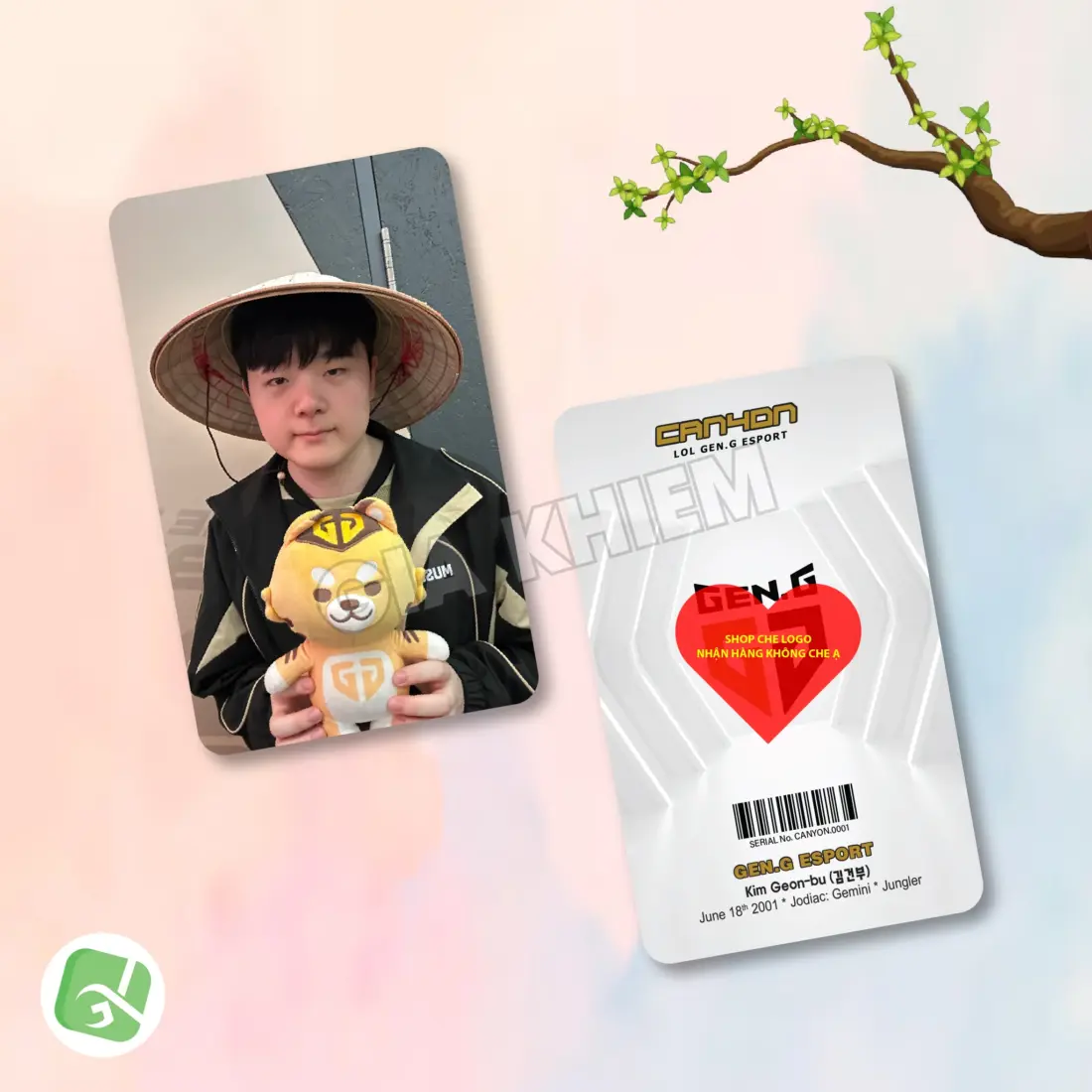Photocard GENG Gen.G với Kiin, Canyon, Chovy, Ruler và Duro. Hình ảnh sắc nét, nhiều chất liệu giấy, phù hợp sưu tầm, decor góc gaming và làm quà fan LCK.