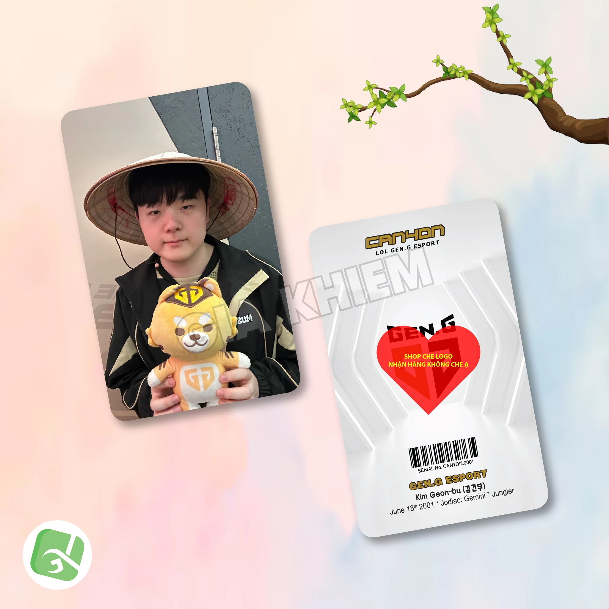 Photocard GENG Gen.G với Kiin, Canyon, Chovy, Ruler và Duro. Hình ảnh sắc nét, nhiều chất liệu giấy, phù hợp sưu tầm, decor góc gaming và làm quà fan LCK.