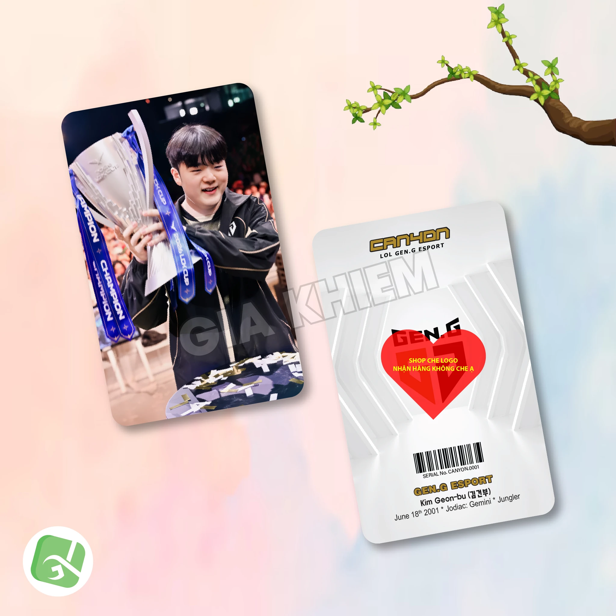 Photocard GENG Gen.G với Kiin, Canyon, Chovy, Ruler và Duro. Hình ảnh sắc nét, nhiều chất liệu giấy, phù hợp sưu tầm, decor góc gaming và làm quà fan LCK.
